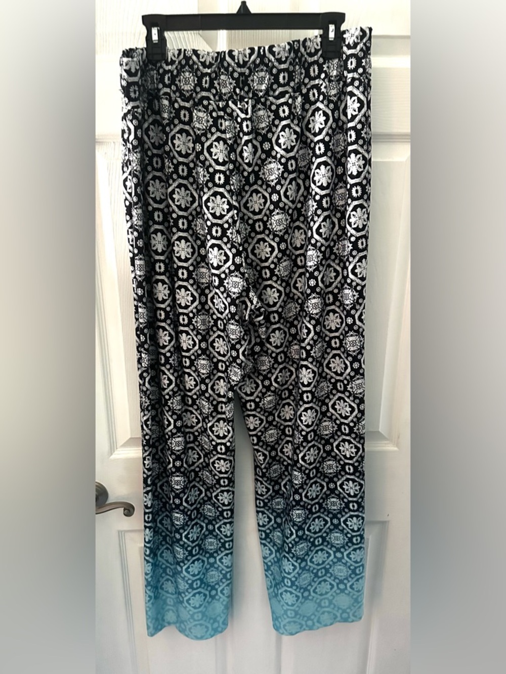 new directions Black & White Patterned Wide-Leg Pants with Teal Ombre Hem